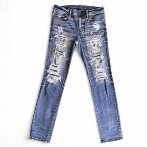 American Eagle AirFlex+ Distressed Skinny Jeans 33x32 Shredded Blue